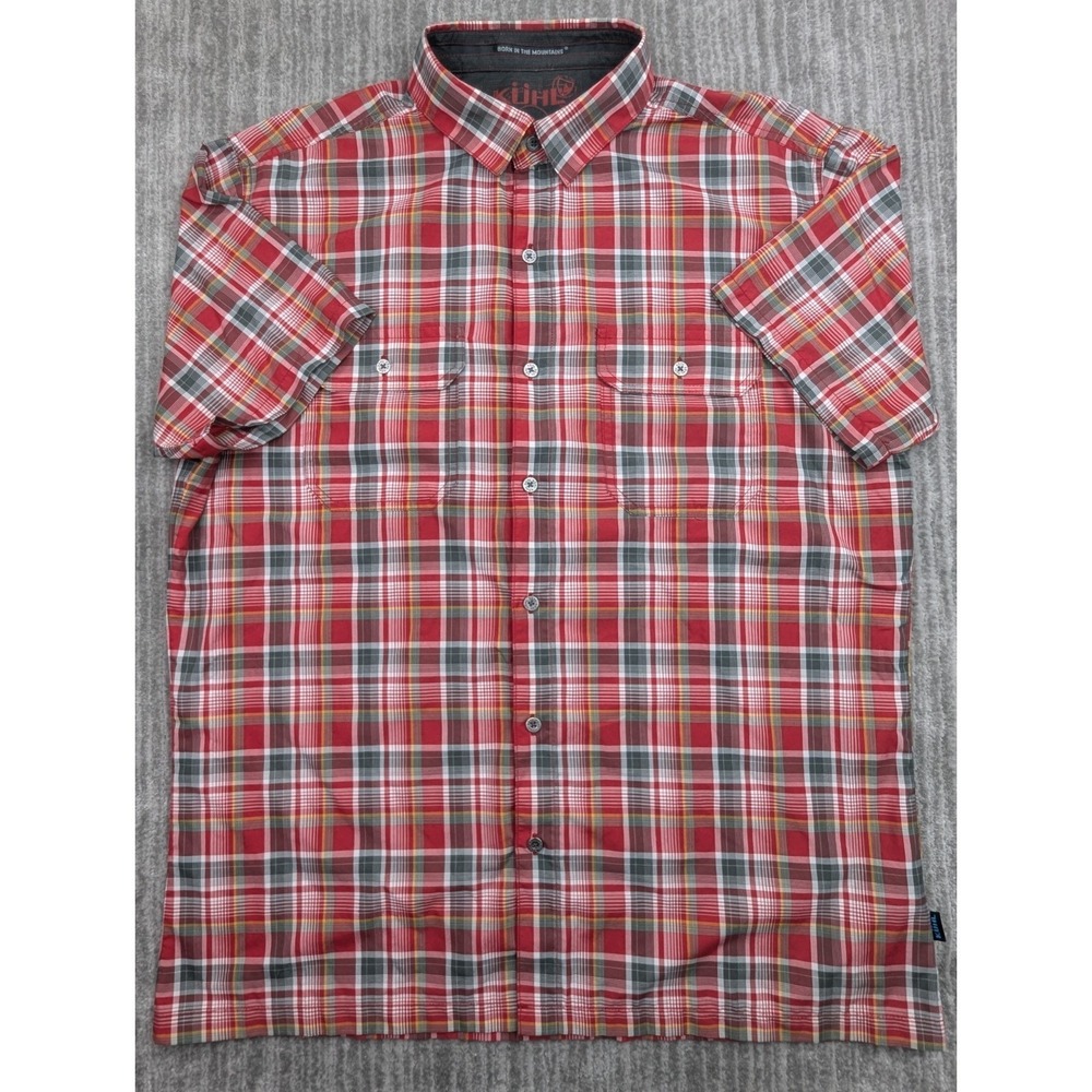 Kuhl Eluxur Shirt Men's Large Red Plaid Button Up Metal Buttons Outdoors Hiking